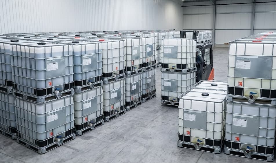 Warehouse full of clean IBC totes ready for sale