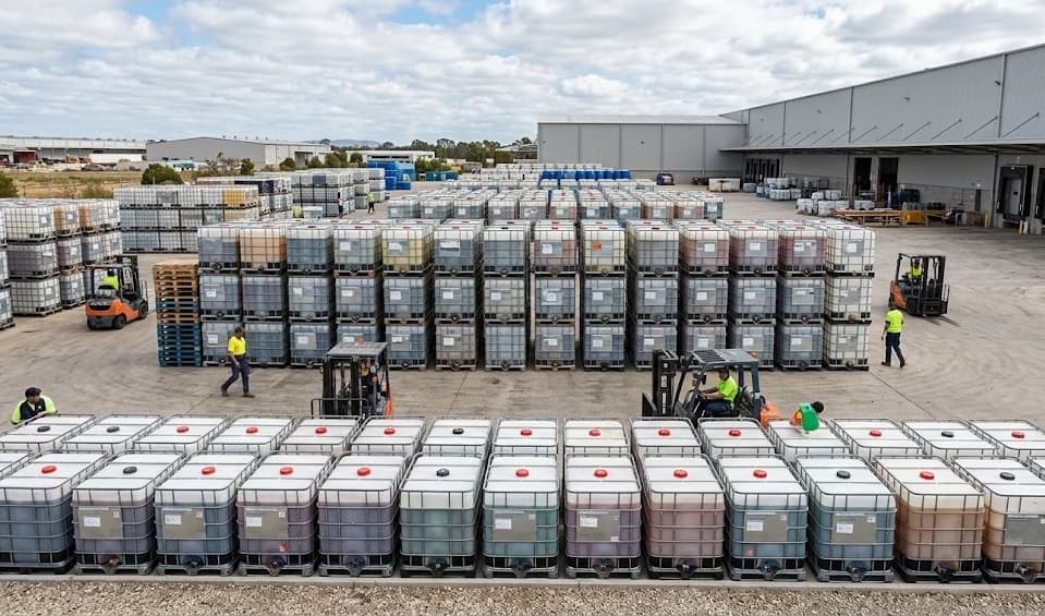 Aerial view of IBC Recycle Services outdoor facility with workers and forklifts