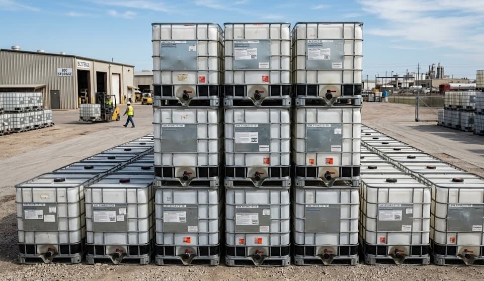 Rows of stacked IBC totes at outdoor storage facility