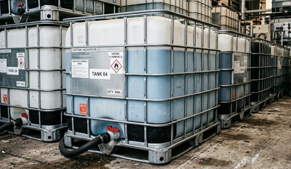 Close-up of IBC tank showing UN markings, valve, and hazmat labels