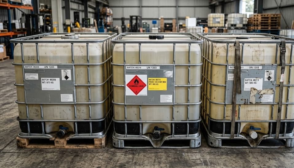 Used IBC containers with batch labels awaiting recycling processing